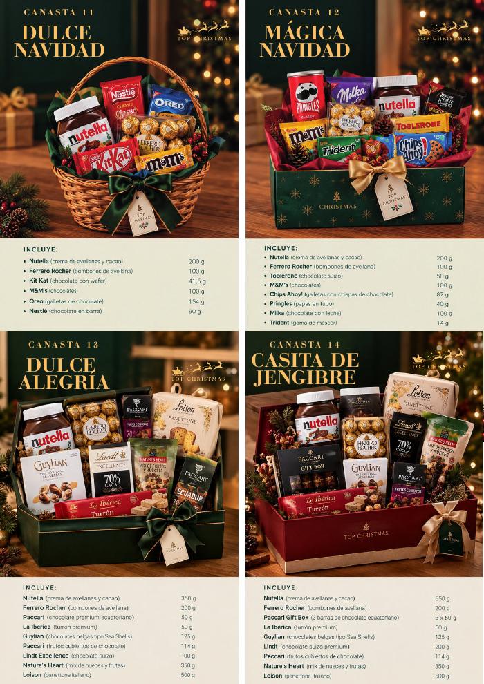 Canastas Dulce Navidad, Mágica Navidad, Dulce Alegría y Casita de Jengibre
