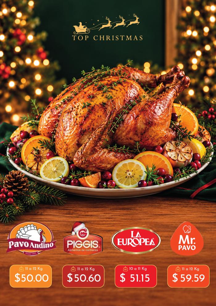 Pavo navideño con marcas, pesos y precios indicados en el catálogo