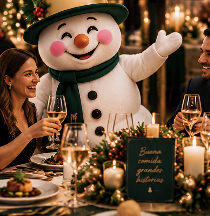 Cena navideña corporativa con un muñeco de nieve y colaboradores compartiendo